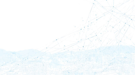 Abstract cityscape with geometric lines and nodes, light blue tones