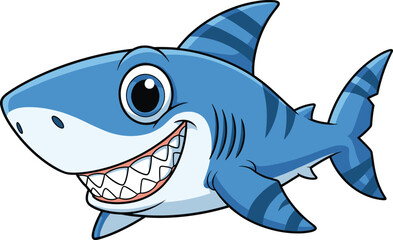 Cartoon smiling blue shark with big teeth and friendly eyes, ocean animal illustration for kids, sea, marine, underwater design