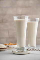 Tiger nut milk. Refreshing cold drink from Valencia. Horchata de chufa. Horchata with rice