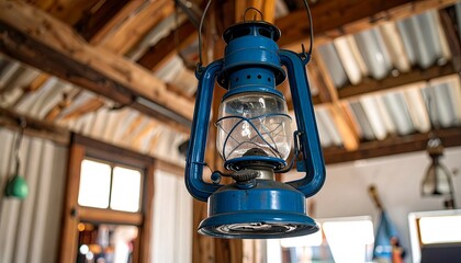 Vintage Blue Oil Lantern Hanging in Rustic Wooden Interior