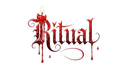 A dripping red candle forming the word Ritual with a stylized script and a burning flame above the capital R