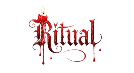 A dripping red candle forming the word Ritual with a stylized script and a burning flame above the capital R