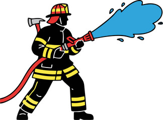 Obraz premium Firefighter Silhouette Vector – Fireman with Axe and Hose Spraying Water, Yellow Striped Suit