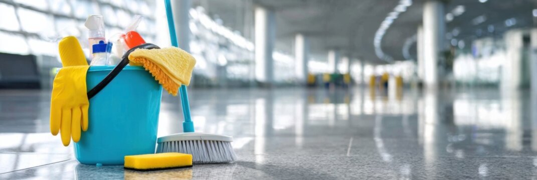 Cleaning Supplies Ready for Use in a Bright and Spacious Airport Terminal Environment With Polished Floors
