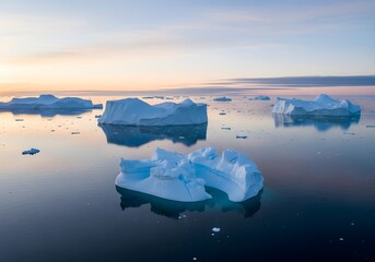 Arctic Ocean Dawn with Reflective Icebergs