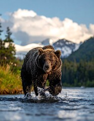 Grizzly bear fishing in a river