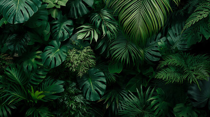 A dense tropical jungle features a variety of lush green leaves, including monstera, palm, fern, and philodendron. The scene is characterized by rich textures and layered foliage, enhanced by natural 