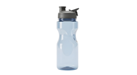 A reusable light blue plastic sports water bottle with a gray spout lid, isolated on a clean white background for easy editing