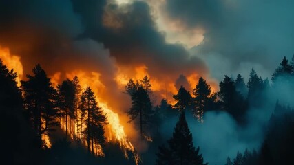 A forest fire engulfs trees, with flames and smoke rising against a dark sky. The scene captures the intensity of wildfire and its impact on nature.