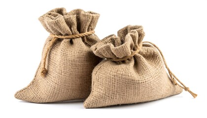 Two burlap drawstring bags on white background
