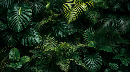 A dense tropical jungle features a variety of lush green leaves, including monstera, palm, fern, and philodendron. The scene is characterized by rich textures and layered foliage, enhanced by natural 