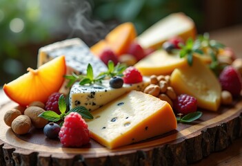 Artisan Cheese Display with Natural Elements Accompanied by Elegant Garnishes and Textures