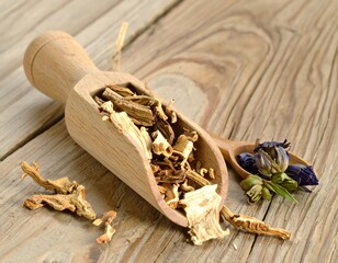 Dried herbs in wooden scoop