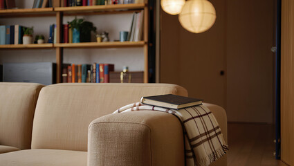 Fototapeta premium Cozy living room with sofa bookshelf and warm lighting 