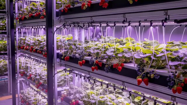 Medium shot showing efficient use of space in a compact vertical farm featuring rows of hydroponic berry plants with automated watering systems.