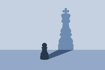 Obraz na płótnie Canvas Pawn with king shadow chess figures. Ambition and motivation concept. Confidence and the belief in personal potential. Dream big idea. Self growth, success and win in business. Vector illustration.
