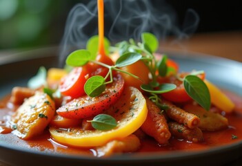 Artistic Food Display with Rich Sauce Drizzle Highlighting Textured Surface and Colorful Ingredients