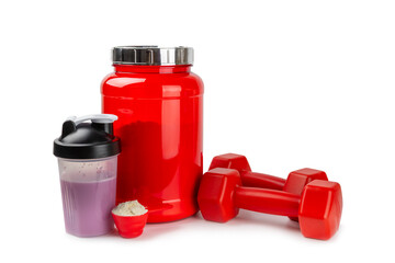 Protein powder.protein shake isolated on white background.Shaker bottle with protein.Food supplement.Whey protein powder with shaker for mixing.Sports nutrition.Concept of sports and healthy lifestyle