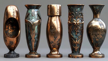 Five ornate copper vases