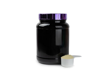 Protein powder.protein shake isolated on white background.Shaker bottle with protein.Food supplement.Whey protein powder with shaker for mixing.Sports nutrition.Concept of sports and healthy lifestyle