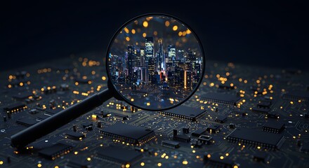 An elegant magnifying glass hovering over a glowing circuit board reveals an entire miniature, bustling city within its lens, conceptualizing technology's impact at micro and macro scales