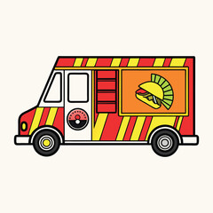 Brightly colored red and yellow striped taco food truck with a delicious taco illustration on its side panel