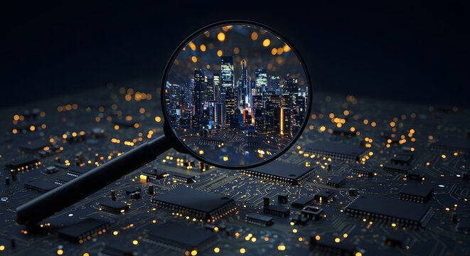 An elegant magnifying glass hovering over a glowing circuit board reveals an entire miniature, bustling city within its lens, conceptualizing technology's impact at micro and macro scales