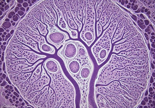 Glowing hyper-realistic microscopic image of placenta decidua basalis maternal vessels glowing, fetal tissue, histology, medical science, biology, fluorescent blood vessels, microanatomy