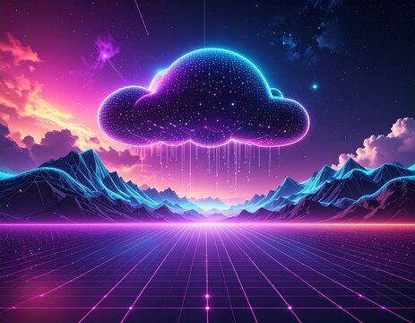 Digital cloud over a synthwave landscape