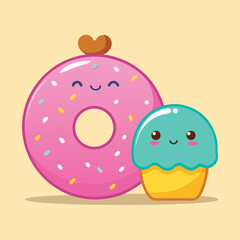 Adorable kawaii style pink donut with sprinkles and a cute teal cupcake with yellow wrapper on a soft yellow background