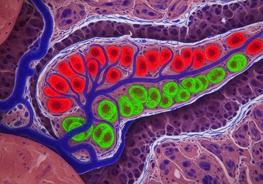 pancreas islet microscopic image alpha and beta cells glowing in clusters blood capillaries endocrine gland hyper realistic cellular detail histology image