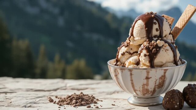A tempting ice cream dessert featuring a scoop of soft serve ice cream drizzled with rich chocolate sauce and accompanied by a chocolate truffle. 4k video