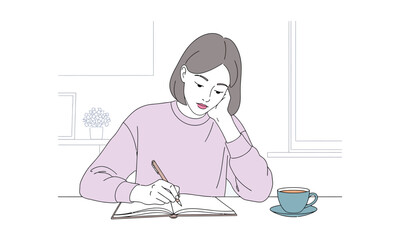 Thoughtful young woman writing in journal with coffee on desk, capturing creative ideas and personal reflections in a cozy, artistic setting for lifestyle content