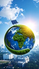 Earth floating above city, solar and wind power