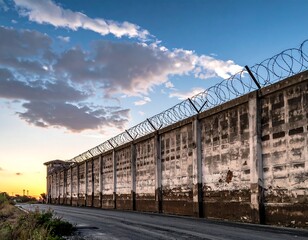 Sunset casts long shadows on a tall, aged concrete prison wall topped with barbed wire