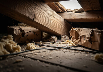 Two small brown mice hiding among chewed cardboard boxes and insulation in a dusty, dark attic or crawl space.
