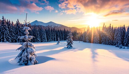 Obraz premium Snowy mountain landscape at sunset; sun rays illuminate snow-covered evergreens