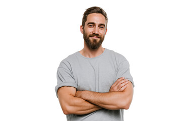 A handsome man with a beard and short brown hair, wearing a grey tshirt, stands with his arms crossed and smiles confidently, isolated on transparent background