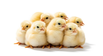 Cute group of baby chicken. Many fluffy yellow chicks together on a farm. Small poultry animal.