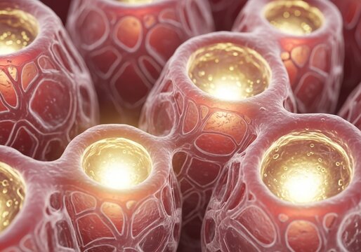 Hyper-detailed microscopic visualization of lung alveolar pores of Kohn showing moist glowing openings, respiratory histology, lung microanatomy image