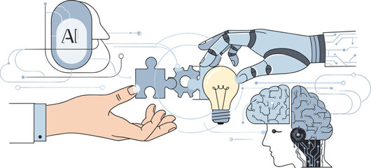 Human And AI Problem Solving Concept, Artificial Intelligence, Collaboration, Future Technology, Decision Making, Innovation, Digital Thinking