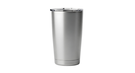 A plain stainless steel tumbler travel mug with a clear lid, isolated on a clean white background with no logo for branding or mockup purposes