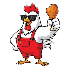 Cool cartoon chicken wearing sunglasses and overalls holding a drumstick food