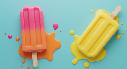 A melting popsicle with vibrant gradient colors (pink, orange, yellow) on a pastel background