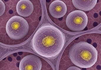 Hyper-realistic microscopic rendering of hepatic stellate cells with glowing lipid droplets and moist cytoplasm, liver histology, cellular anatomy image