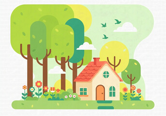 Fototapeta premium Simple and stylized flat illustration of a quaint cottage in a peaceful forest, surrounded by flowers, trees, and flying birds.