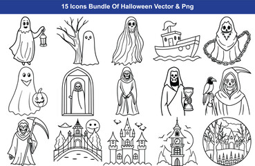 Spooky halloween icon bundle featuring ghosts skeletons haunted castles and more for festive design isolated on transparent background