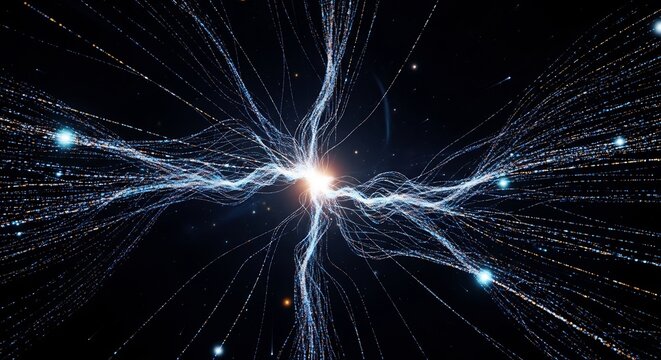 Neural network visualization with glowing strands and particles