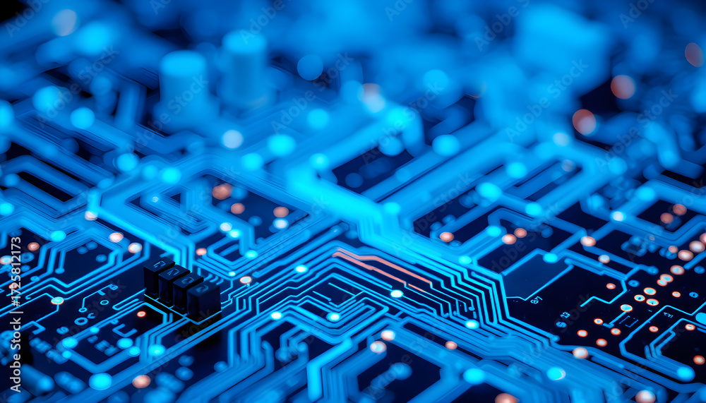 Wall mural abstract digital circuit board on an electric blue technological background. circuit board with conn