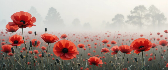 Obraz premium Red poppy flowers in a misty field at dawn for Remembrance Day concept